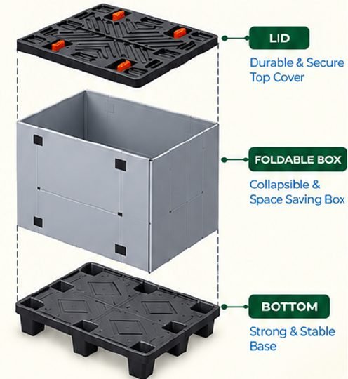 Exploded view of FLC box: lid, foldable sleeve, bottom
