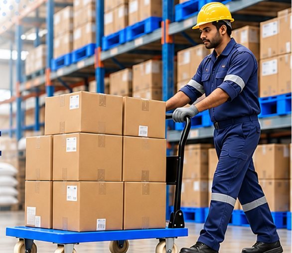 Cartons moved on trolley in warehouse