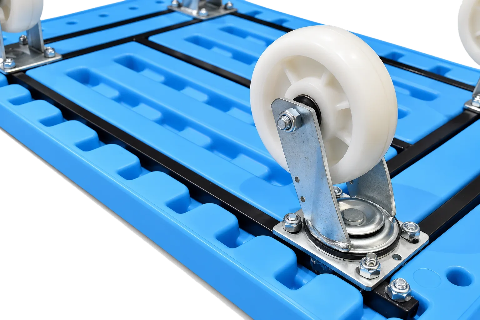 Close-up of swivel castor and steel frame