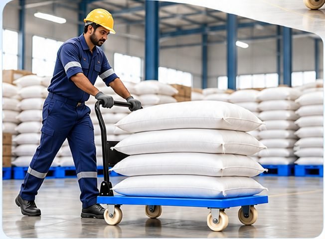 Trolley carrying sacks in a manufacturing store