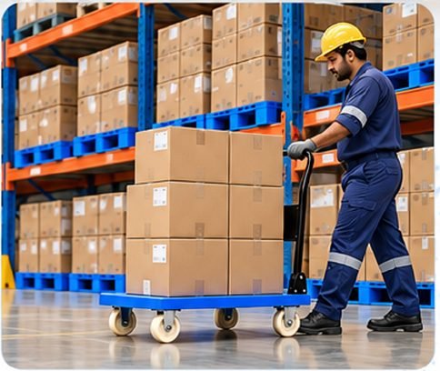 Warehouse trolley moving cartons between racks