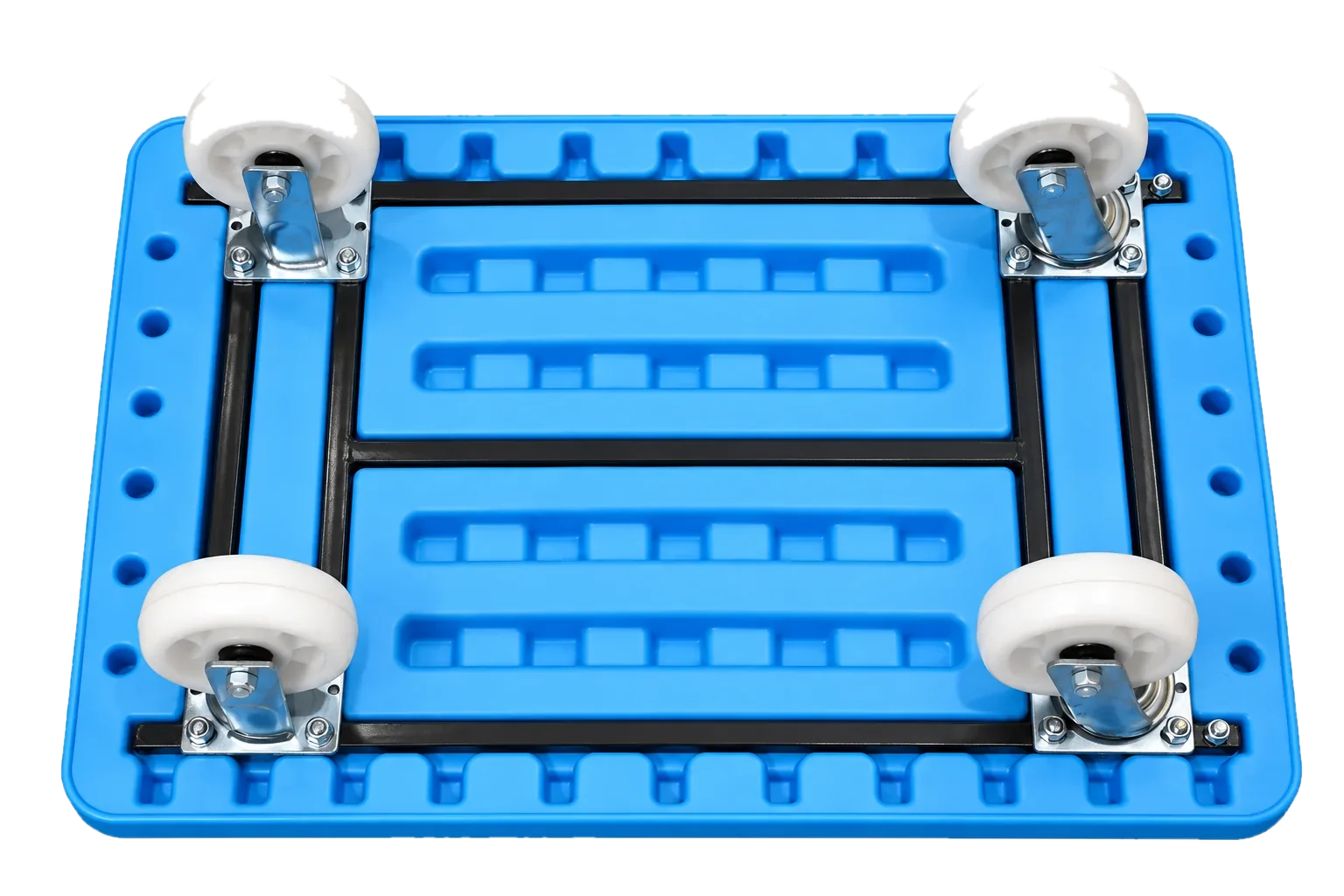 Trolley underside with steel frame and four castors