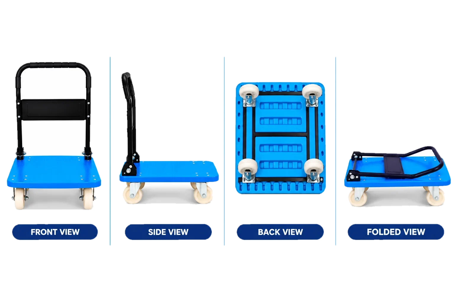 Trolley front, side, back and folded views
